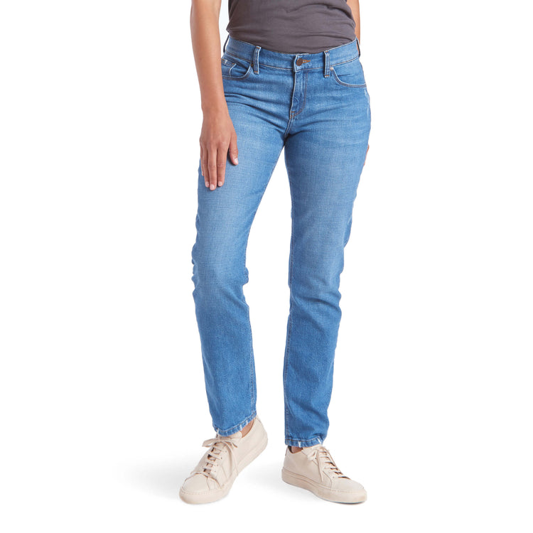 Women wearing Light Blue Mid Rise Slim Straight Charlton Jeans