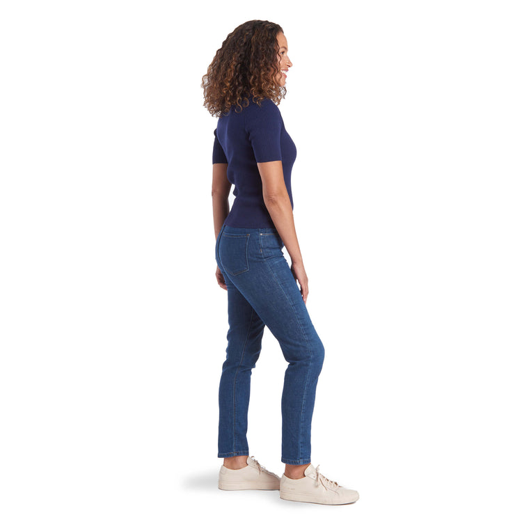 Women wearing Medium/Dark Blue High Rise Mom Charlton Jeans