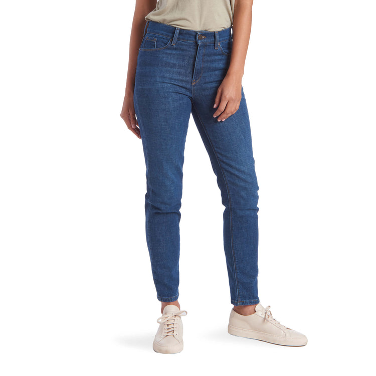 Women wearing Medium/Dark Blue High Rise Mom Charlton Jeans