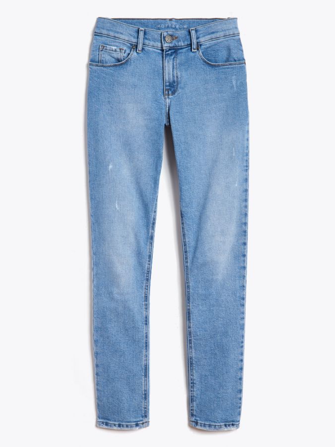 Women wearing Light Blue Mid Rise Slim Straight Hubert Jeans
