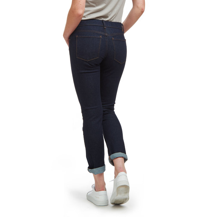 Women wearing Dark Blue Mid Rise Slim Straight Ridge Jeans