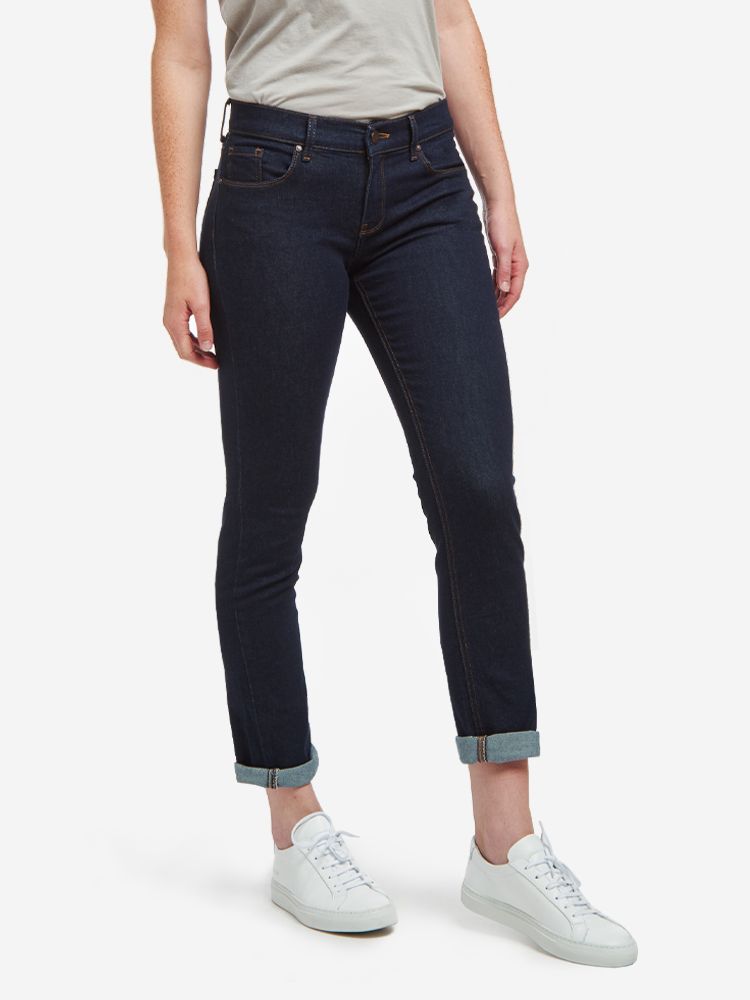 Women wearing Dark Blue Mid Rise Slim Straight Ridge Jeans