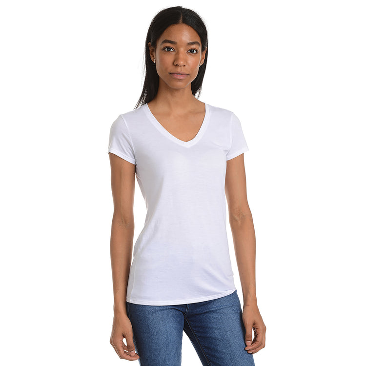 Women wearing Blanco Fitted V-Neck Marcy Tee