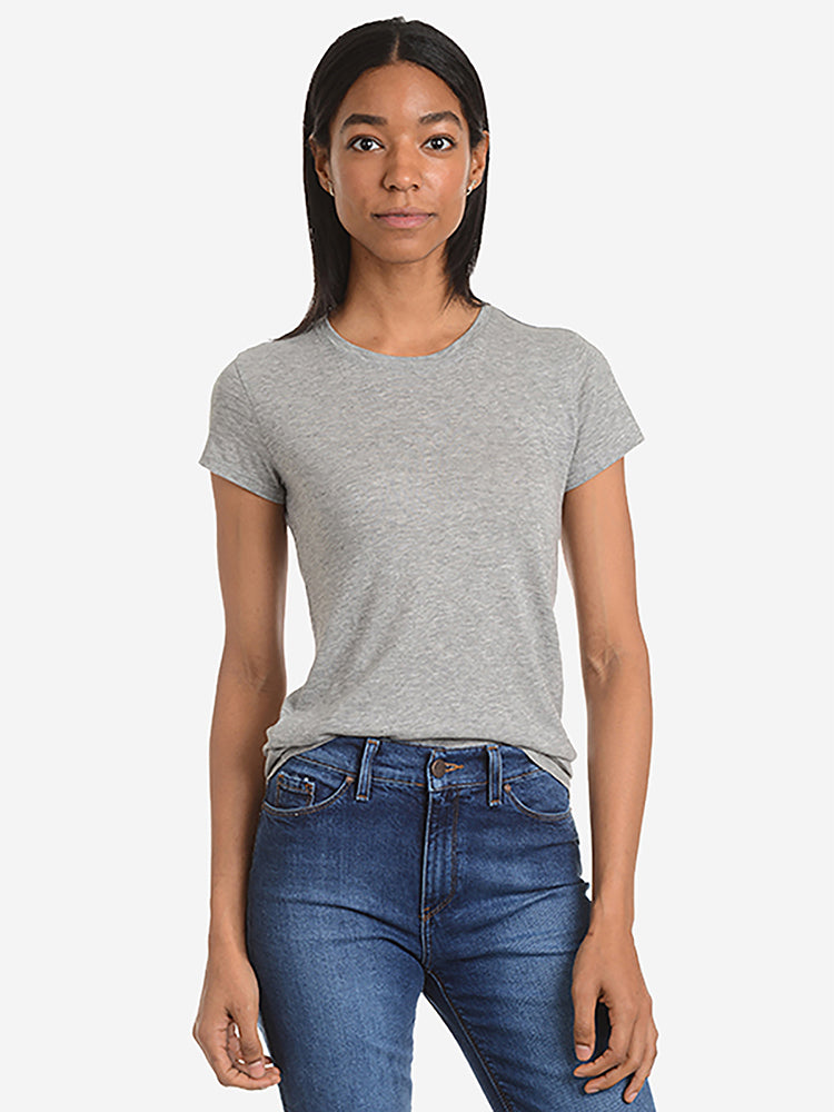 Women wearing Heather Gray Fitted Crew Marcy Tee