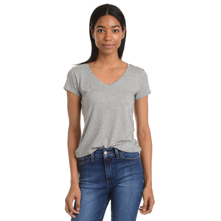 Women wearing Heather Gray Fitted V-Neck Marcy Tee