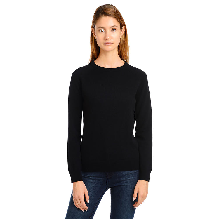 Women wearing Black Cashmere Raglan Crew Cambridge Sweater