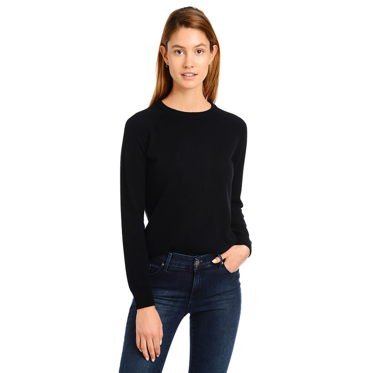 Women wearing Black Cashmere Raglan Crew Cambridge Sweater