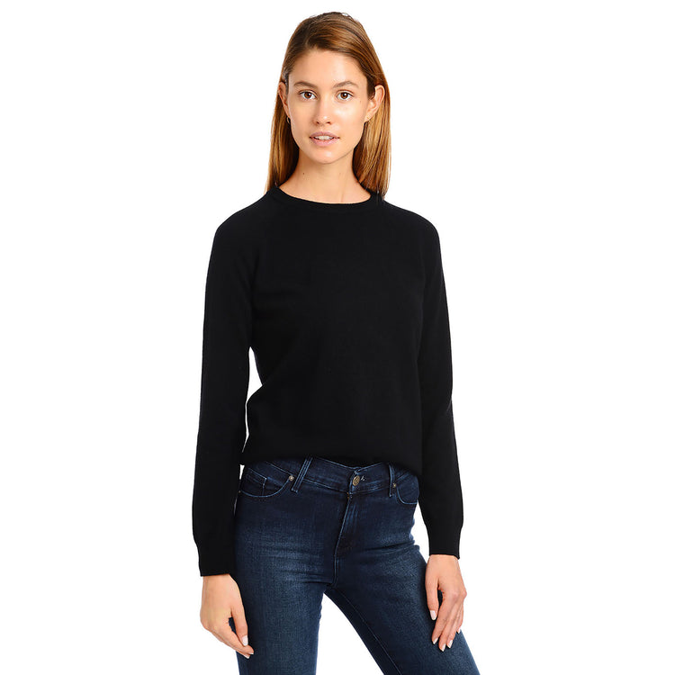 Women wearing Black Cashmere Raglan Crew Cambridge Sweater