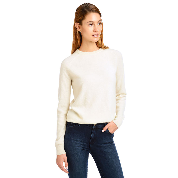 Women wearing Cream Cashmere Raglan Crew Cambridge Sweater