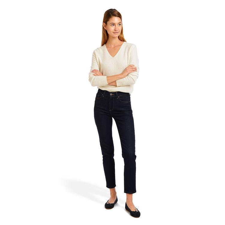 Women wearing Dark Blue High Rise Mom Oliver Jeans