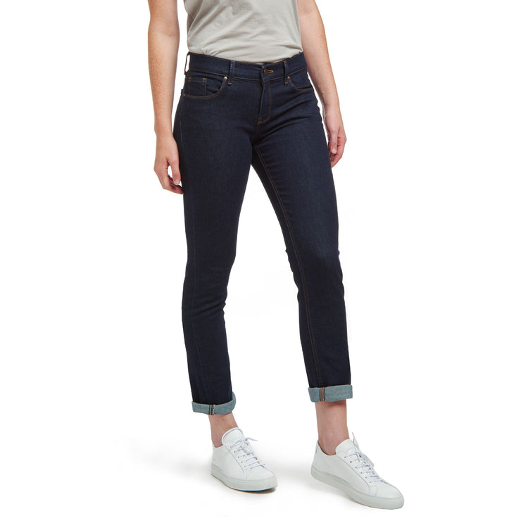 Women wearing Dark Blue Mid Rise Slim Straight Ridge Jeans
