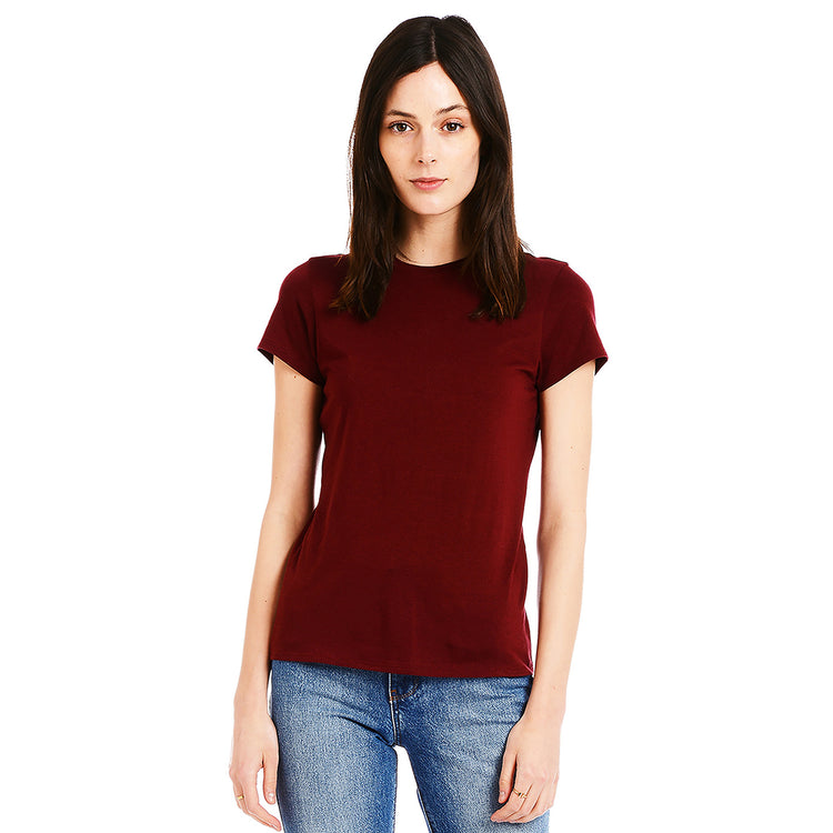 wearing Crimson Fitted Crew Marcy Tee