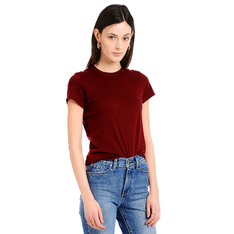 wearing Crimson Fitted Crew Marcy Tee
