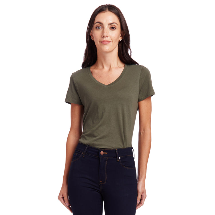 Women wearing Military Green Fitted V-Neck Marcy Tee