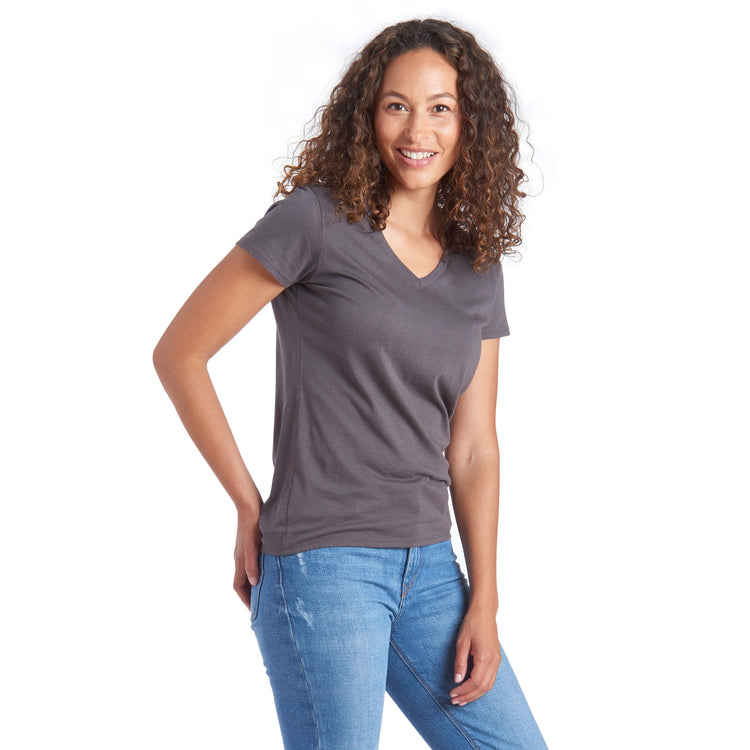 Women wearing Noche Gray Fitted V-Neck Marcy Tee