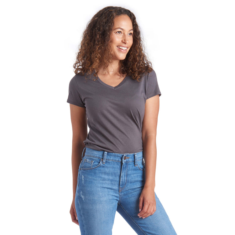 Women wearing Noche Gray Fitted V-Neck Marcy Tee
