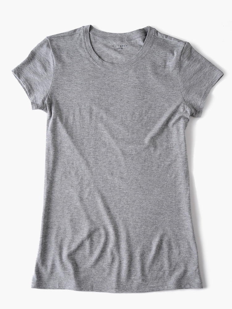 Women wearing Heather Gray Fitted Crew Marcy Tee