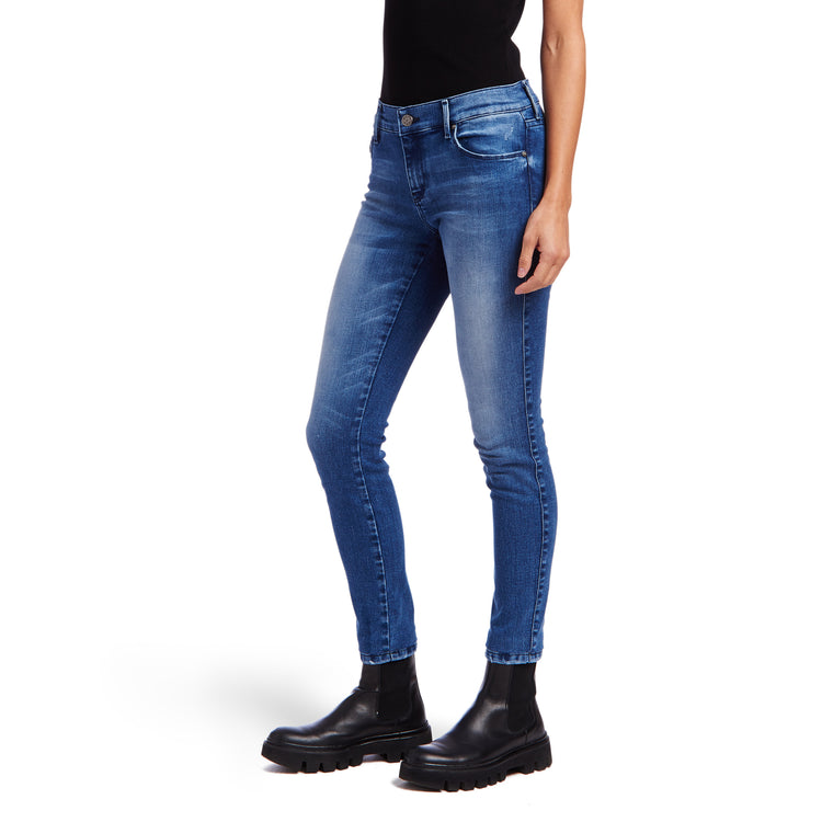 Women wearing Medium Blue Mid Rise Skinny Moore Jeans