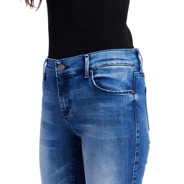 Women wearing Medium Blue Mid Rise Skinny Moore Jeans