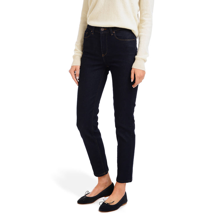 Women wearing Dark Blue High Rise Mom Oliver Jeans