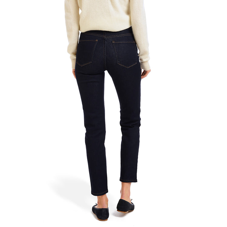 Women wearing Dark Blue High Rise Mom Oliver Jeans