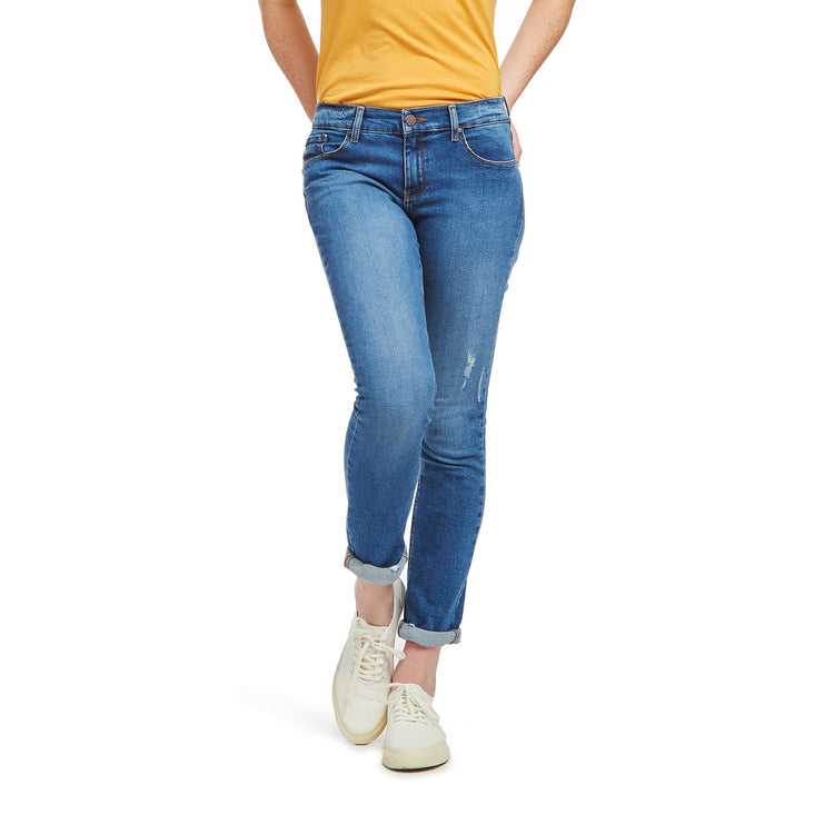 Women wearing Light/Medium Blue Mid Rise Slim Straight Ridge Jeans