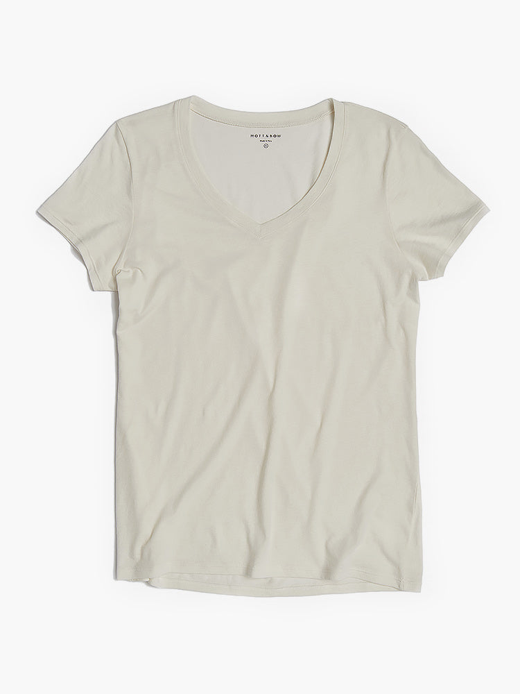 Women wearing Vintage White Fitted V-Neck Marcy Tee