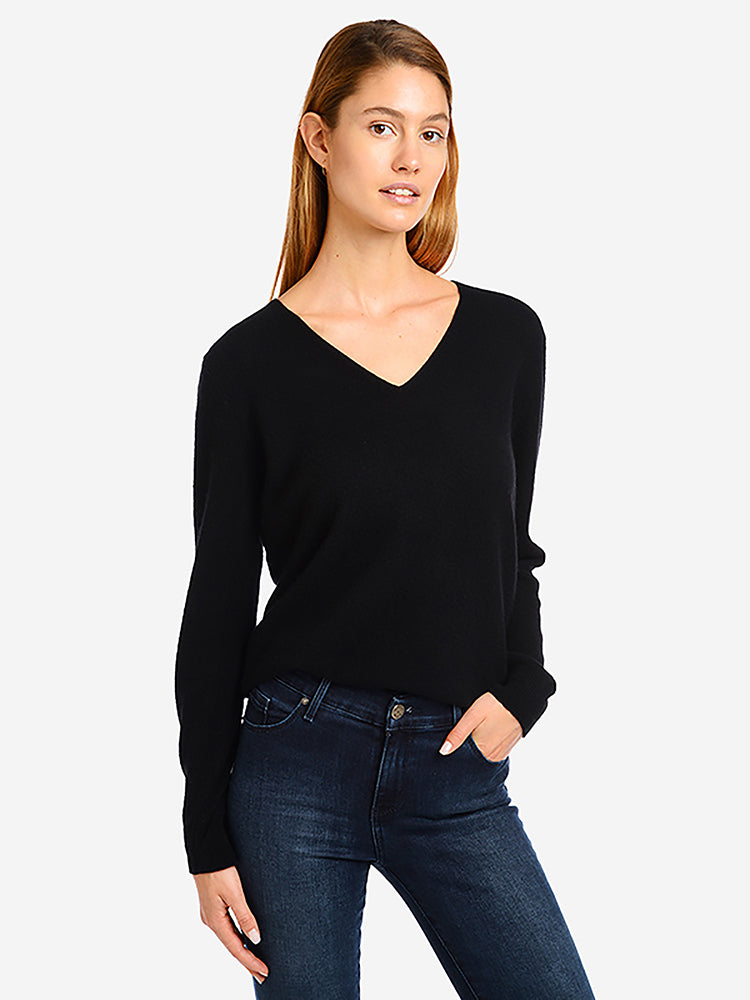 Women wearing Black Cashmere V-Neck Willow Sweater