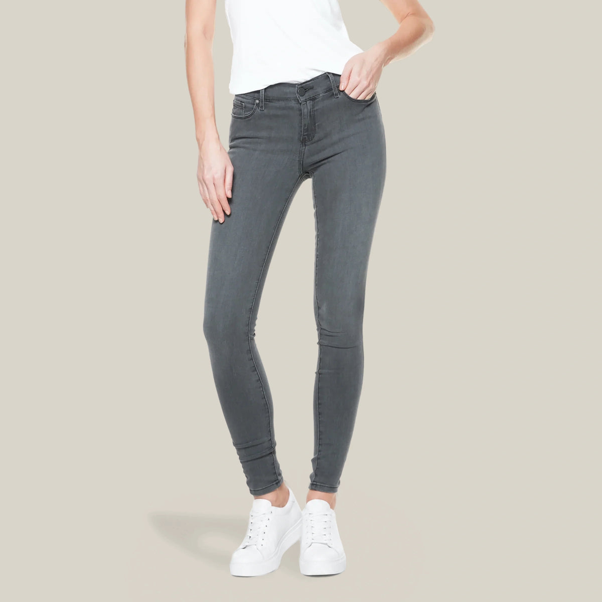 Women wearing Medium Gray Orchard Mid Rise Skinny Jeans