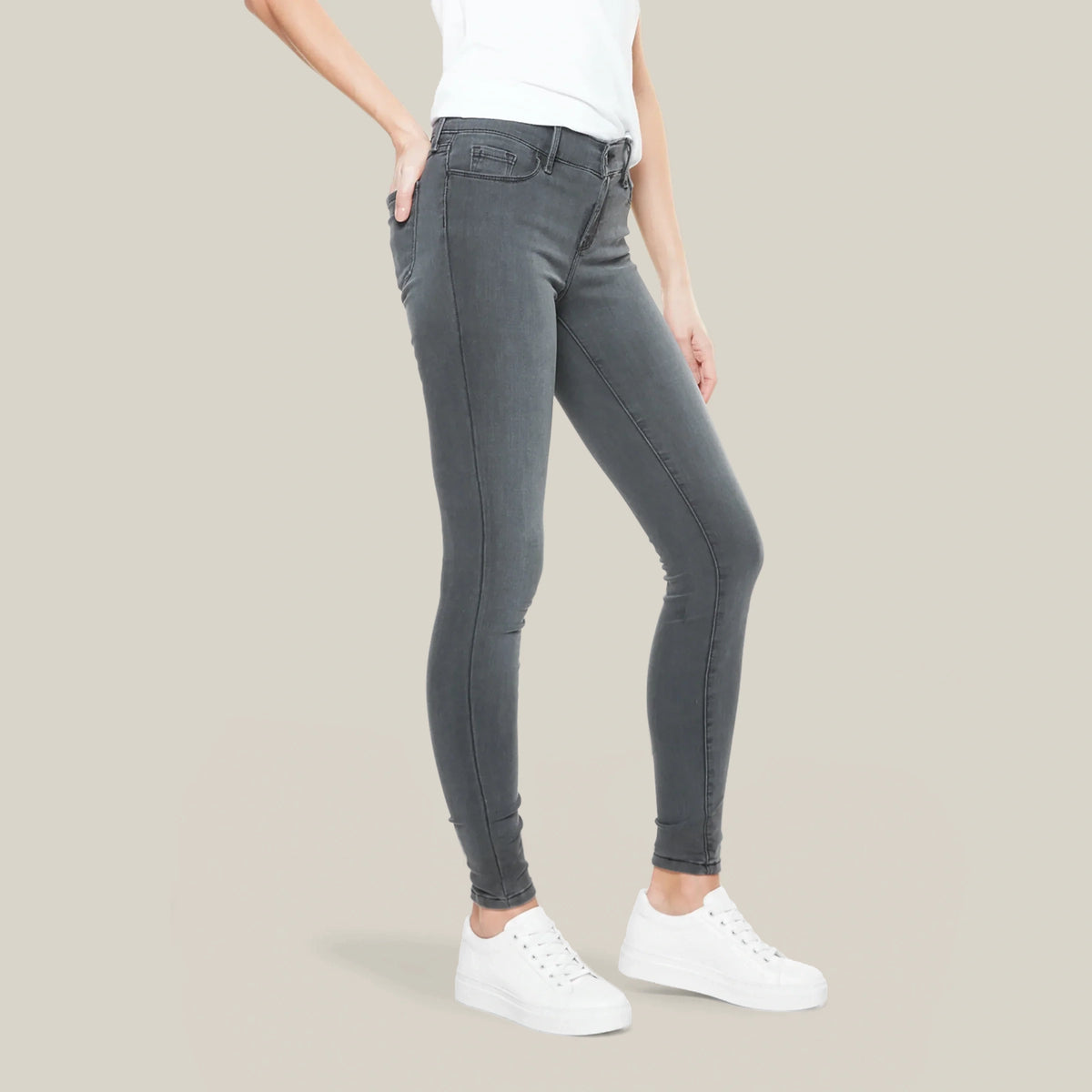 Women wearing Medium Gray Orchard Mid Rise Skinny Jeans