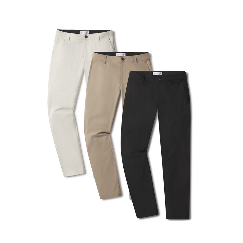 Men wearing Stone/Khaki/Black 5 Pocket Travel Pants 3-Pack pants