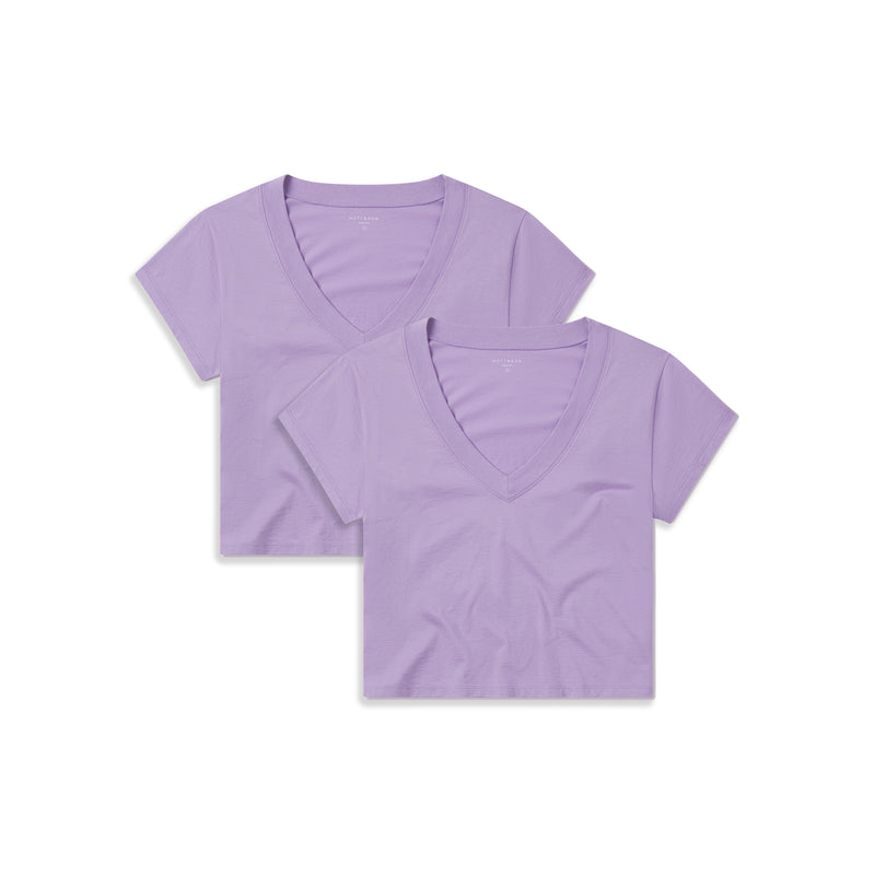 Women wearing 2 Lilac Everyday Cotton Deep V-Neck Tee 2-Pack tees