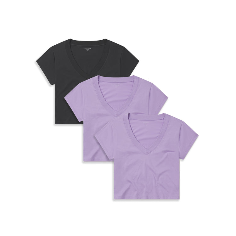 Women wearing 2 Lilac/Vintage Gray Everyday Cotton Deep V-Neck Tee 3-Pack