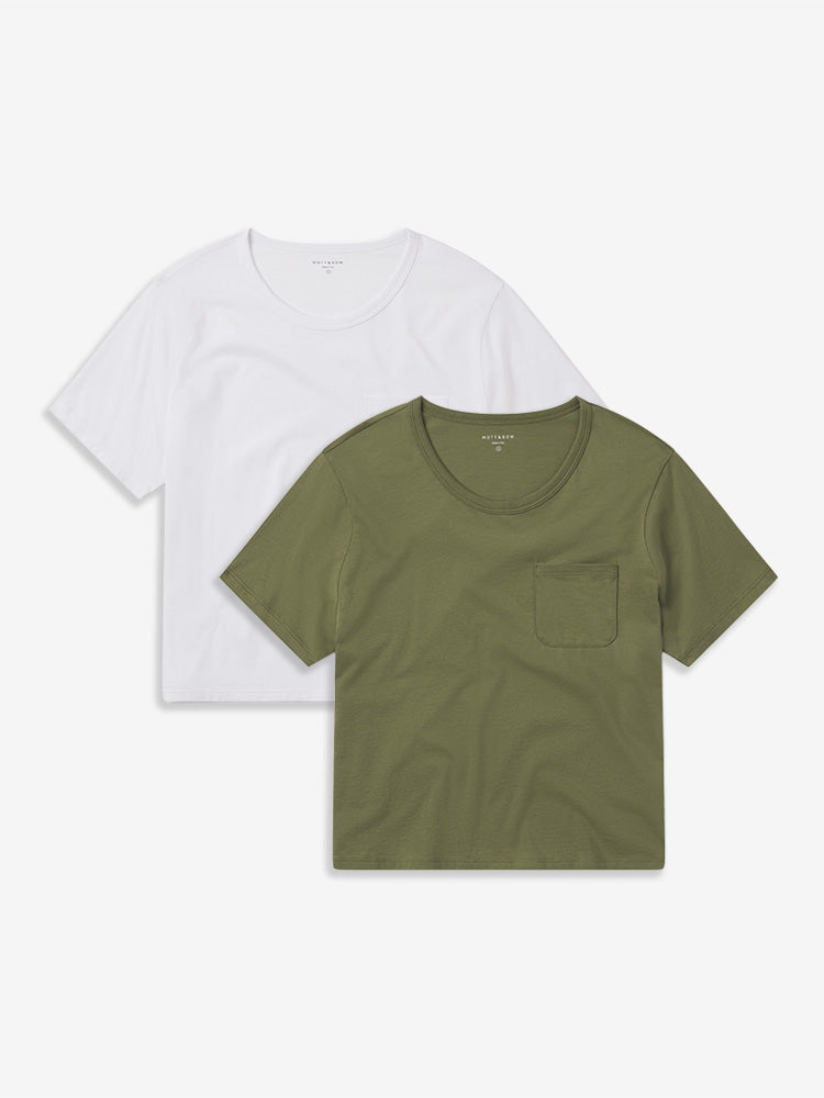 Women wearing White/Rosemary Cotton Boxy Pocket Crew Neck Tee 2-Pack tees