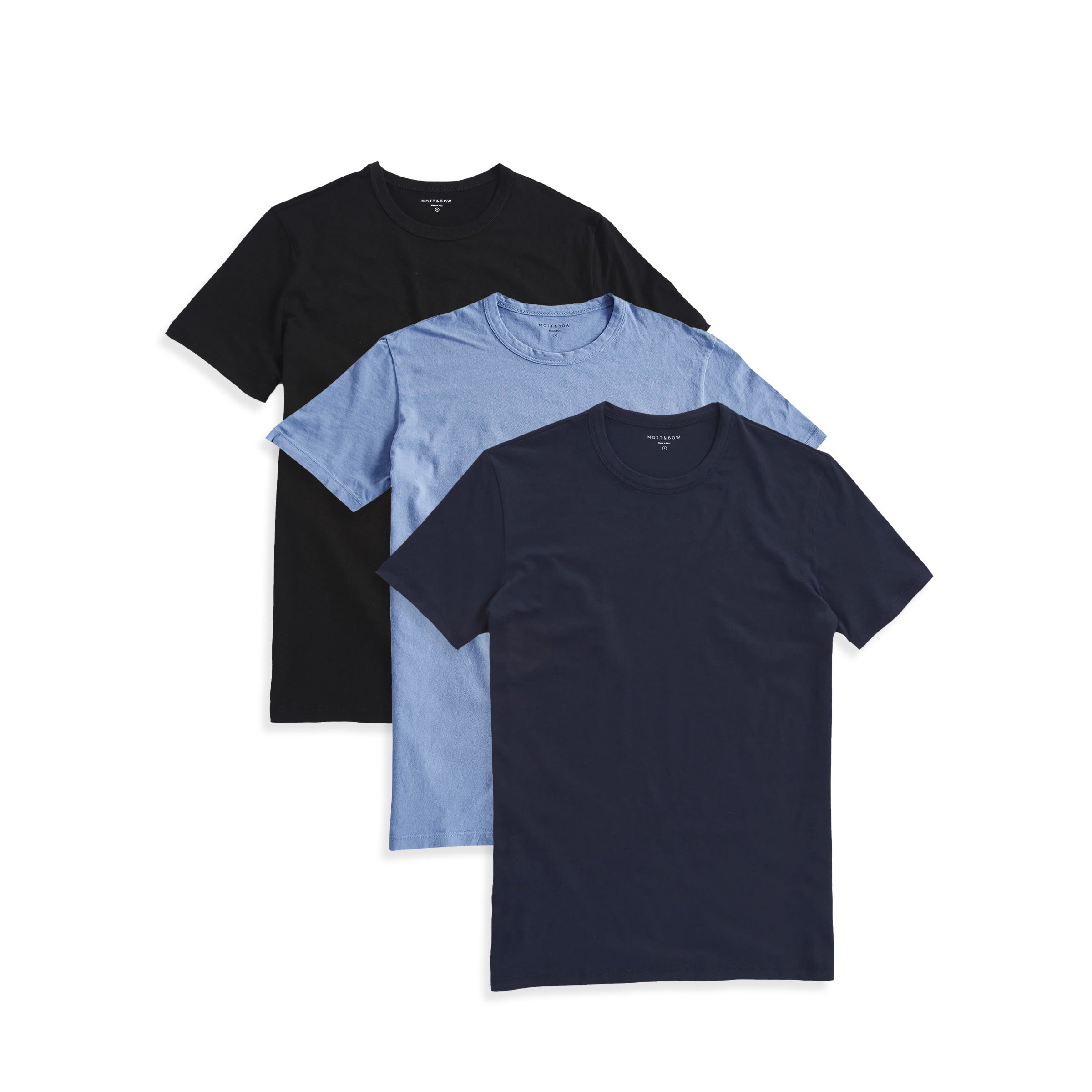 Men wearing Black/California Blue/Navy Classic Crew Driggs 3-Pack tees