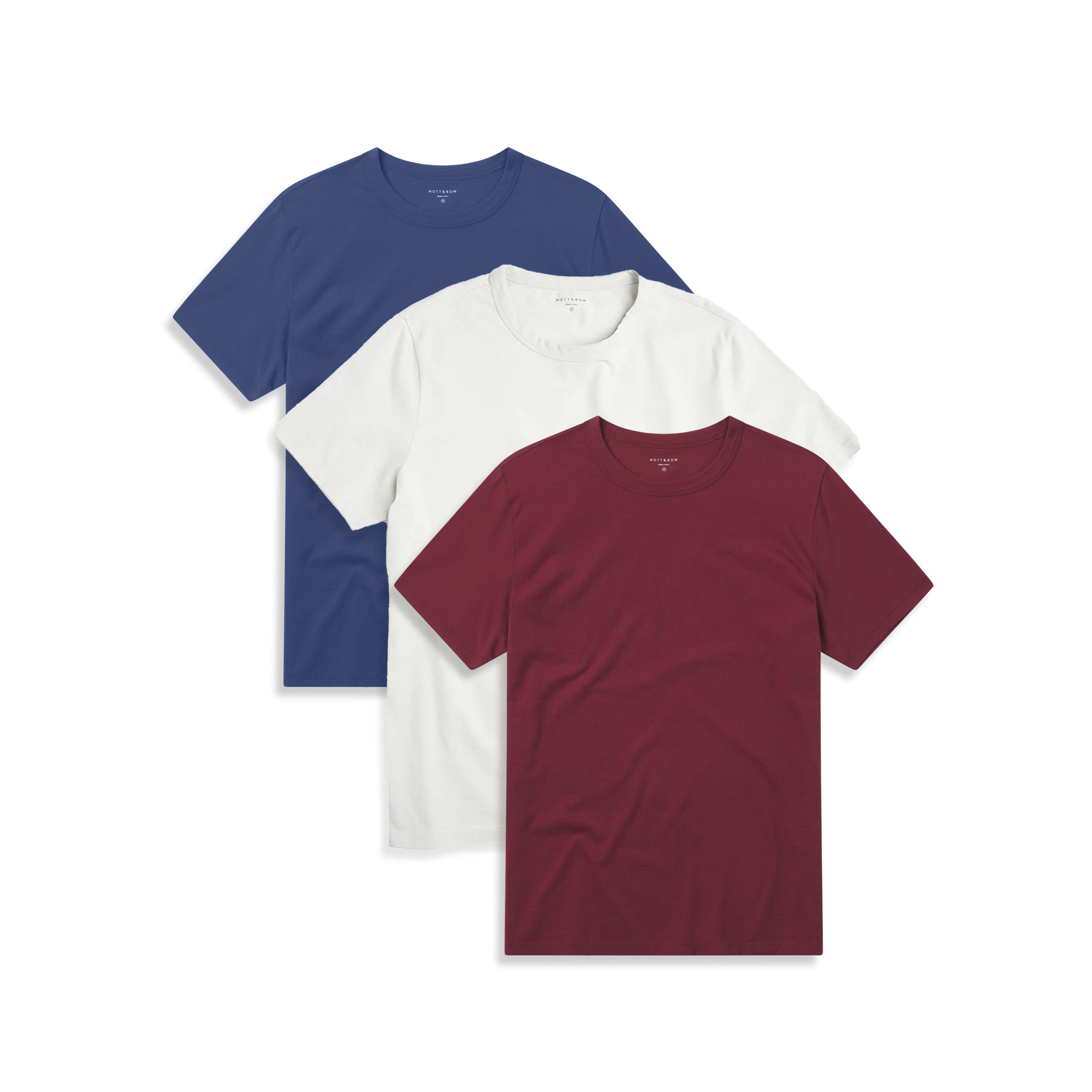  wearing Brick Red/Bone/Graphite Blue Classic Crew Driggs 3-Pack tees