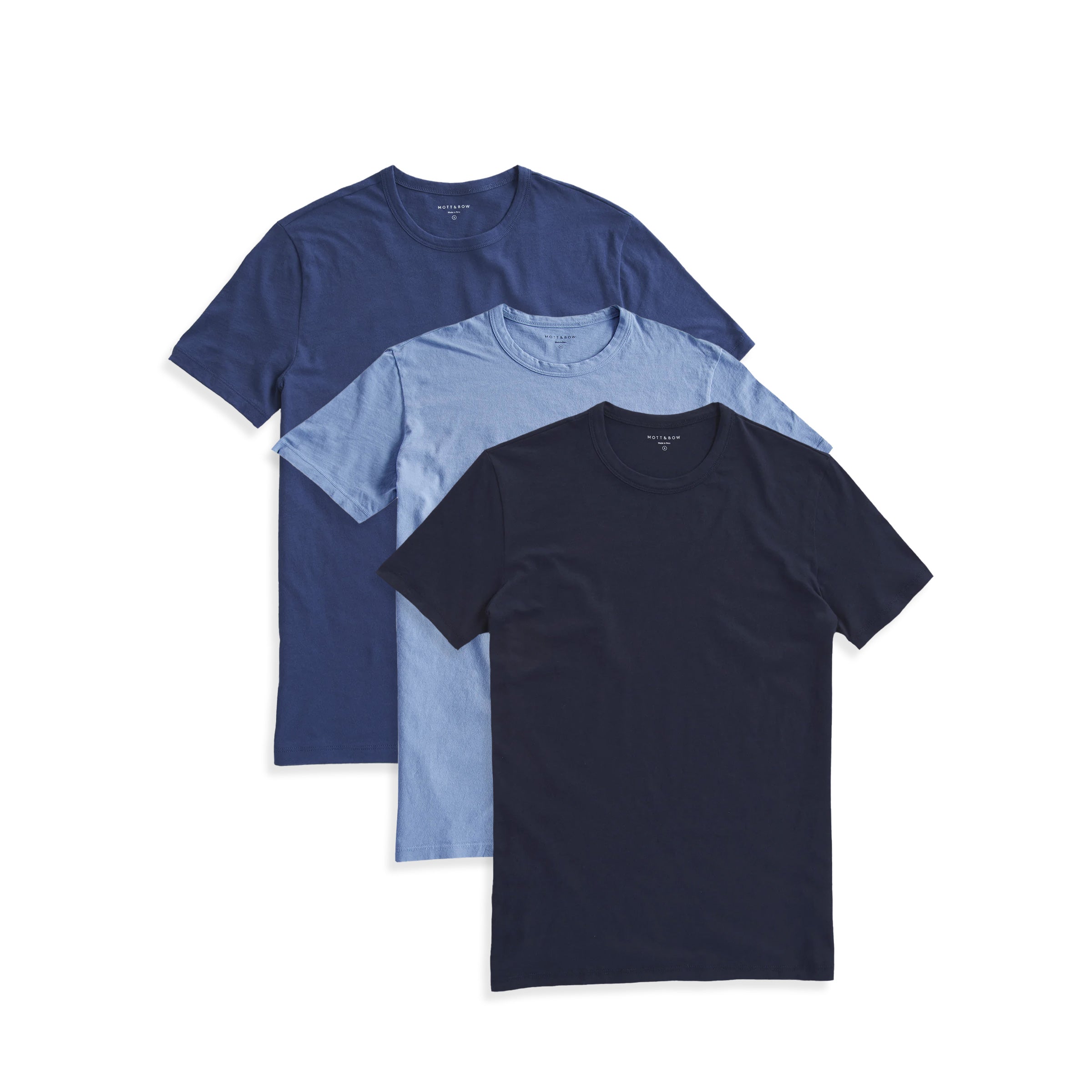 Men wearing Navy/Baltic Blue/California Blue Classic Crew Driggs 3-Pack tees