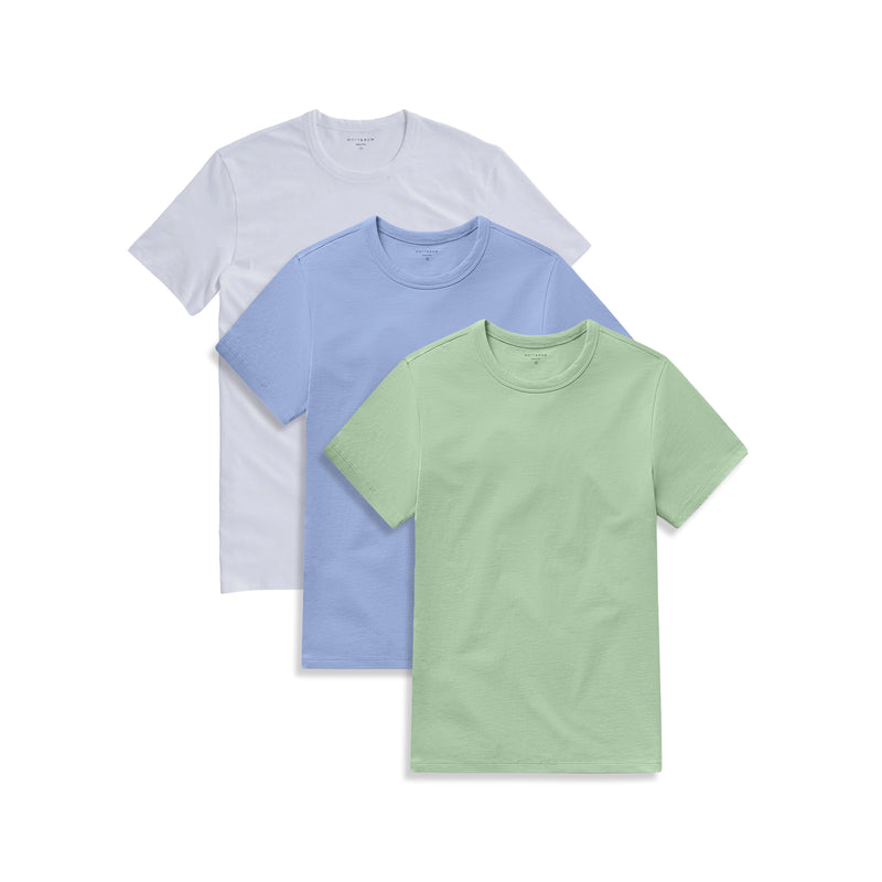  wearing White/Pistachio/California Blue Classic Crew Driggs 3-Pack tees