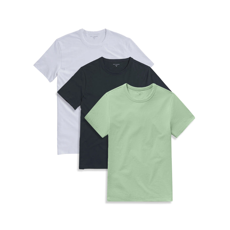  wearing Pistachio/Pine/White Classic Crew Driggs 3-Pack tees
