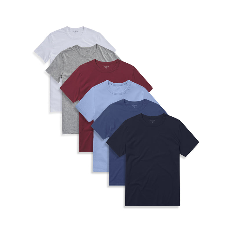  wearing White/Heather Gray/California Blue/Brick Red/Graphite Blue/Navy Classic Crew Driggs 6-Pack tees