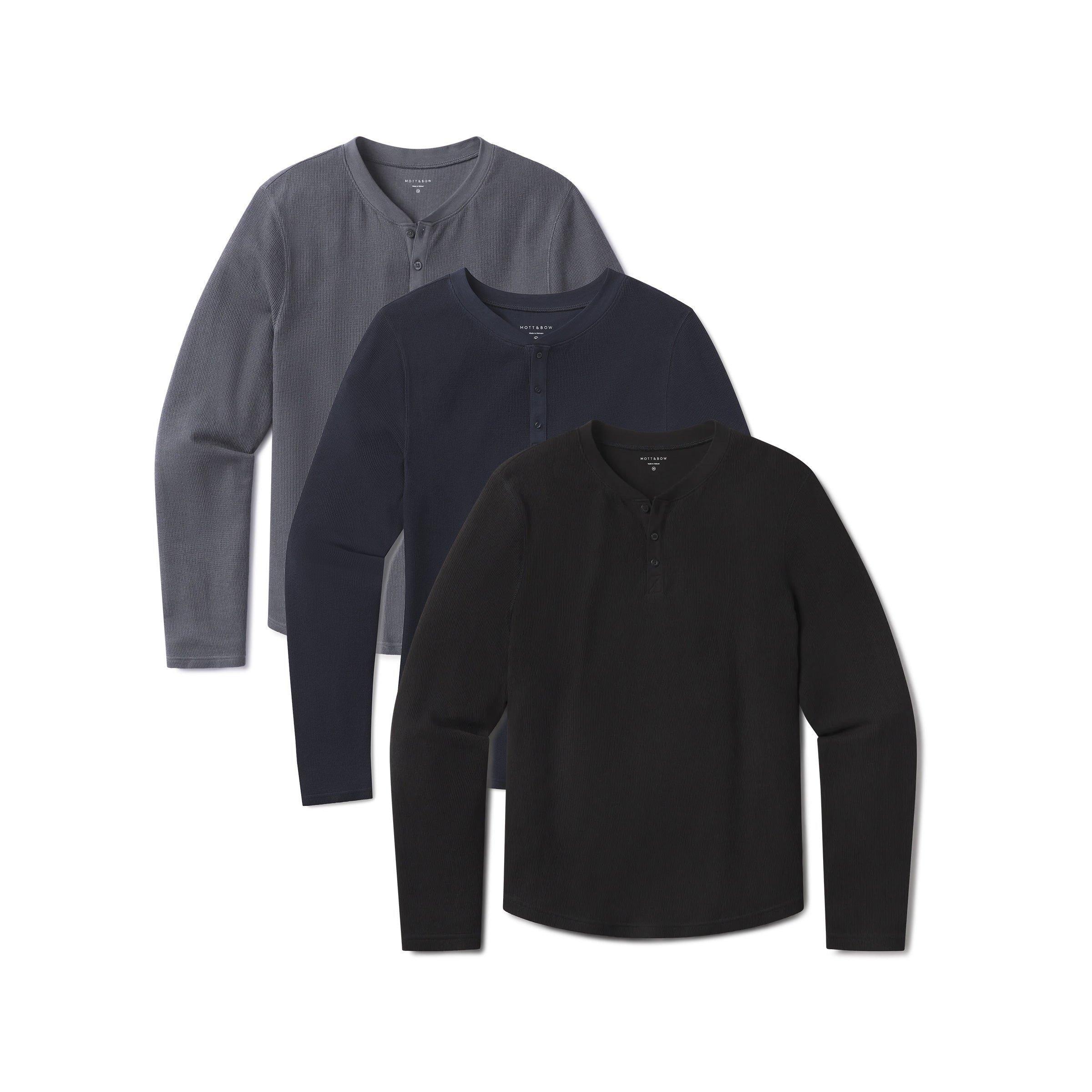 Men wearing Black/Blue Ink/Navy Cotton Waffle Curved Hem Henley 3-Pack tees