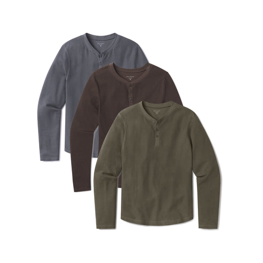 Cotton Waffle Curved Hem Henley 3-Pack Blue Ink/Cocoa/Dark Moss Henley tees