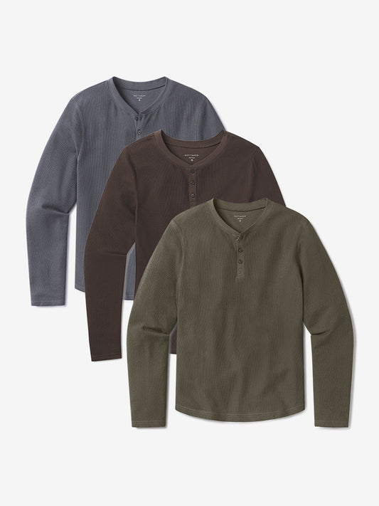 Cotton Waffle Curved Hem Henley 3-Pack Blue Ink/Cocoa/Dark Moss Henley tees