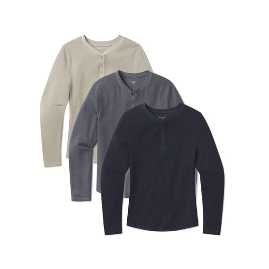 Cotton Waffle Curved Hem Henley 3-Pack Blue Ink/Navy/Taupe Henley tees