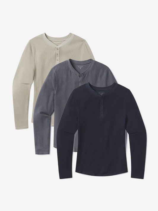 Cotton Waffle Curved Hem Henley 3-Pack Blue Ink/Navy/Taupe Henley tees