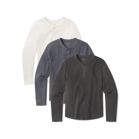 Cotton Waffle Curved Hem Henley 3-Pack Dark Gray/Blue Ink/Bone Henley tees