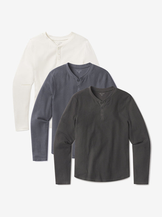 Cotton Waffle Curved Hem Henley 3-Pack Dark Gray/Blue Ink/Bone Henley tees