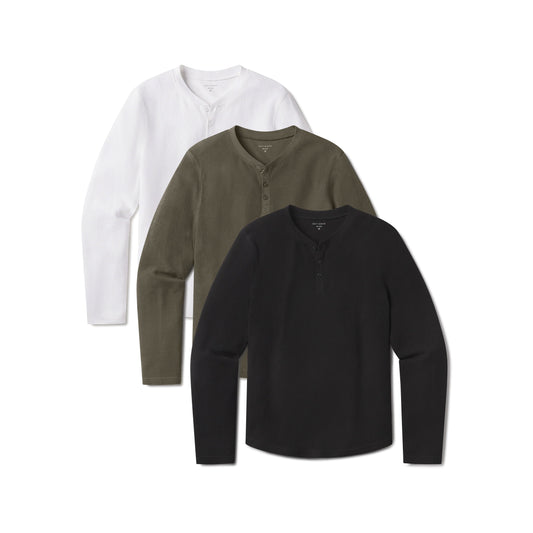 Cotton Waffle Curved Hem Henley 3-Pack White/Dark Moss/Black Henley tees