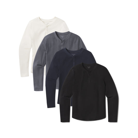 Cotton Waffle Curved Hem Henley 4-Pack Black/Blue Ink/Navy/Bone Henley tees