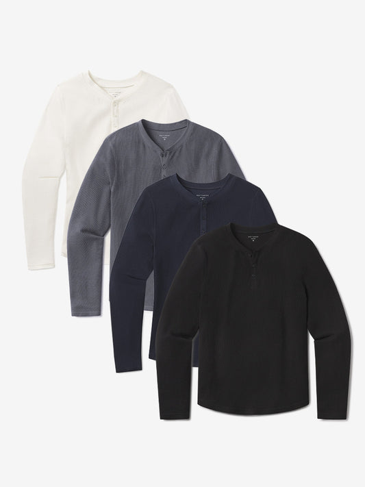 Cotton Waffle Curved Hem Henley 4-Pack Black/Blue Ink/Navy/Bone Henley tees